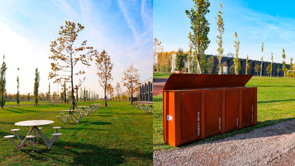 Campus exterior equipado con las mesas AIR CIRCLE y las papeleras YES , Disset Urban